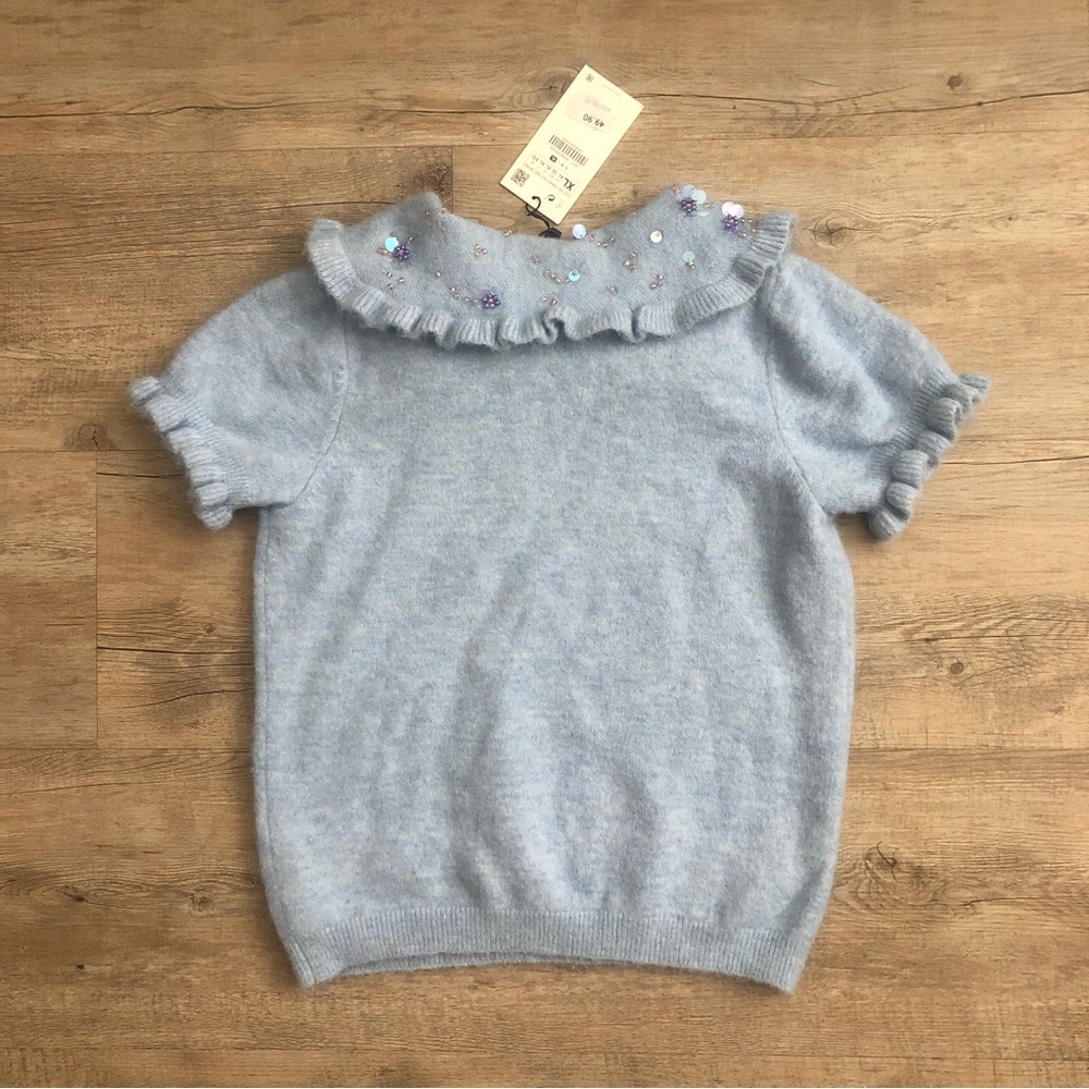 Zara Light Blue Ruffled Collar Top - Picture 5 of 11